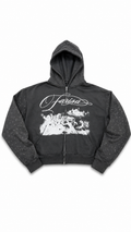 Grey rhinestone hoodie with white graphic design on a white background.