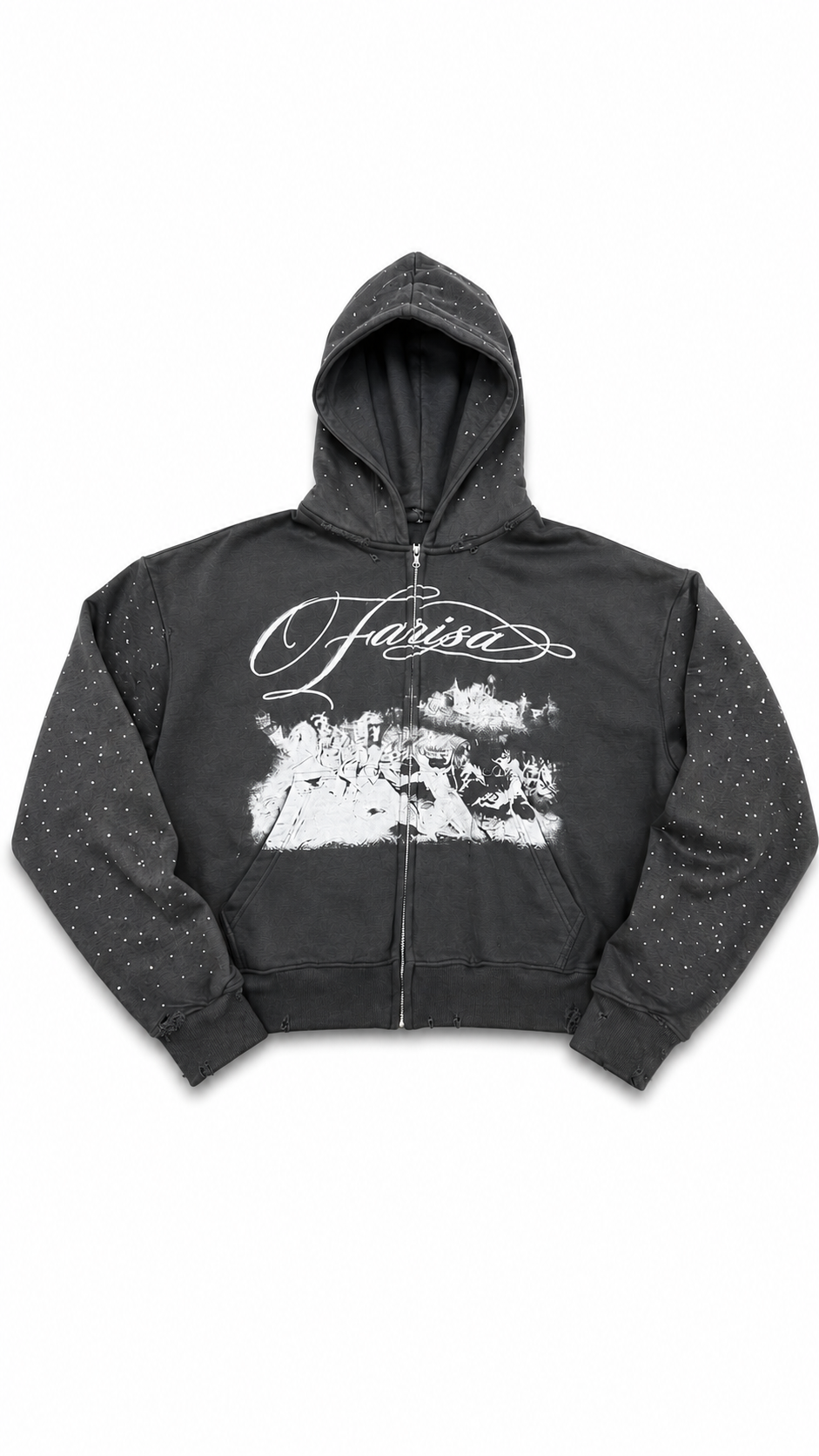 Grey rhinestone hoodie with white graphic design on a white background.