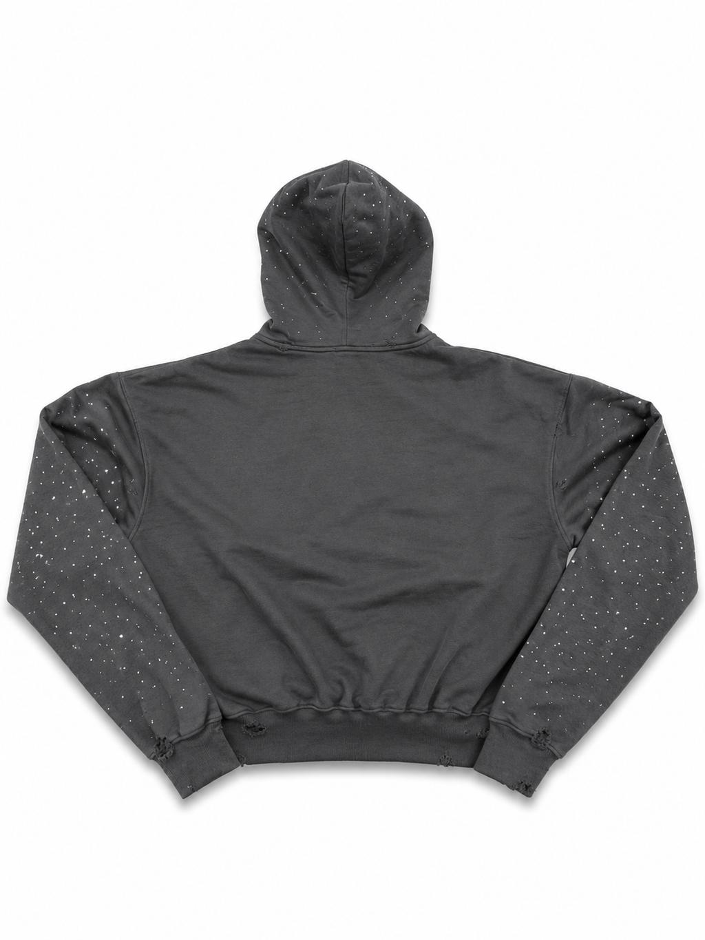 Dark gray hoodie with speckled pattern on a white background
