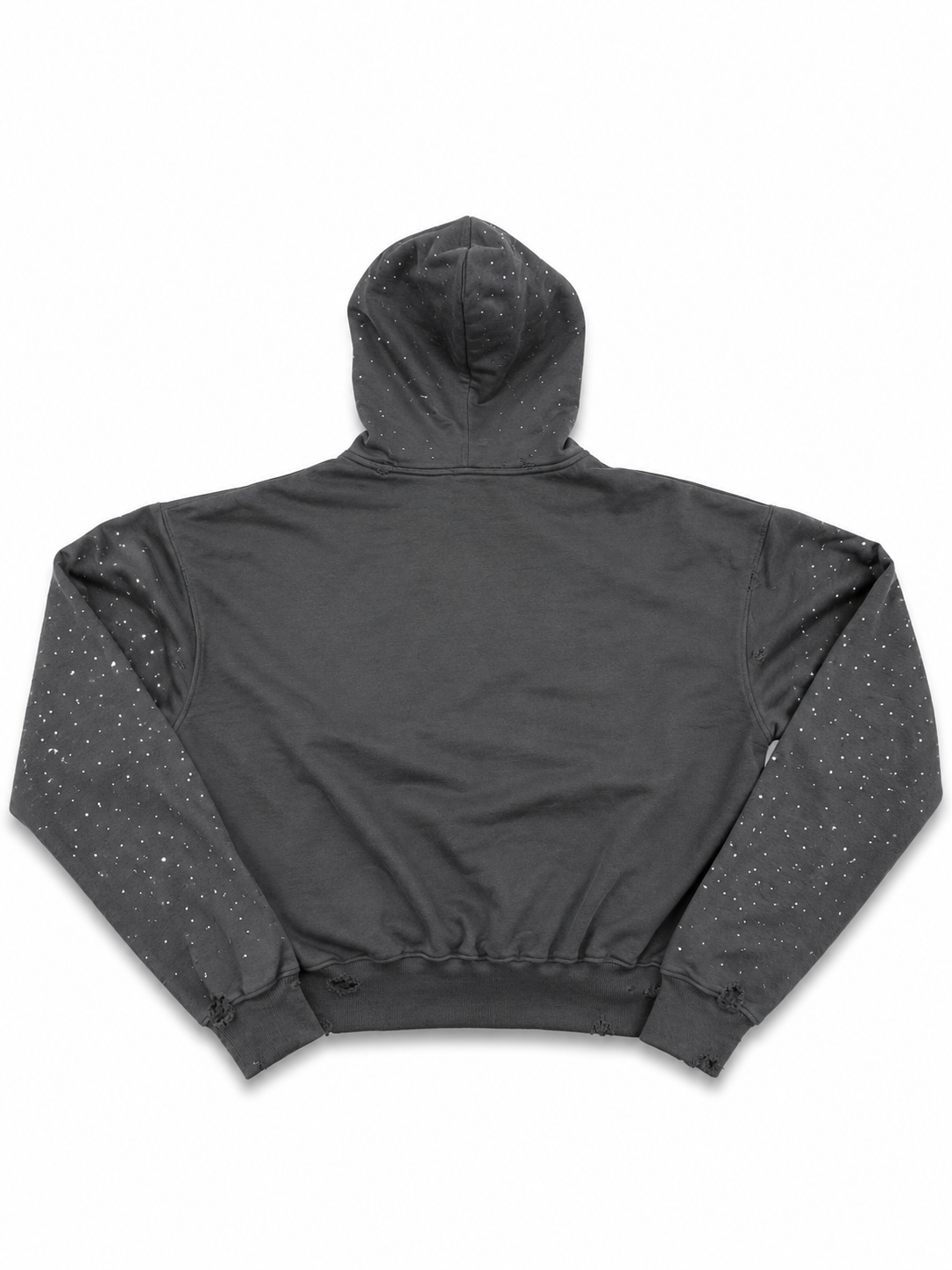 Dark gray hoodie with speckled pattern on a white background